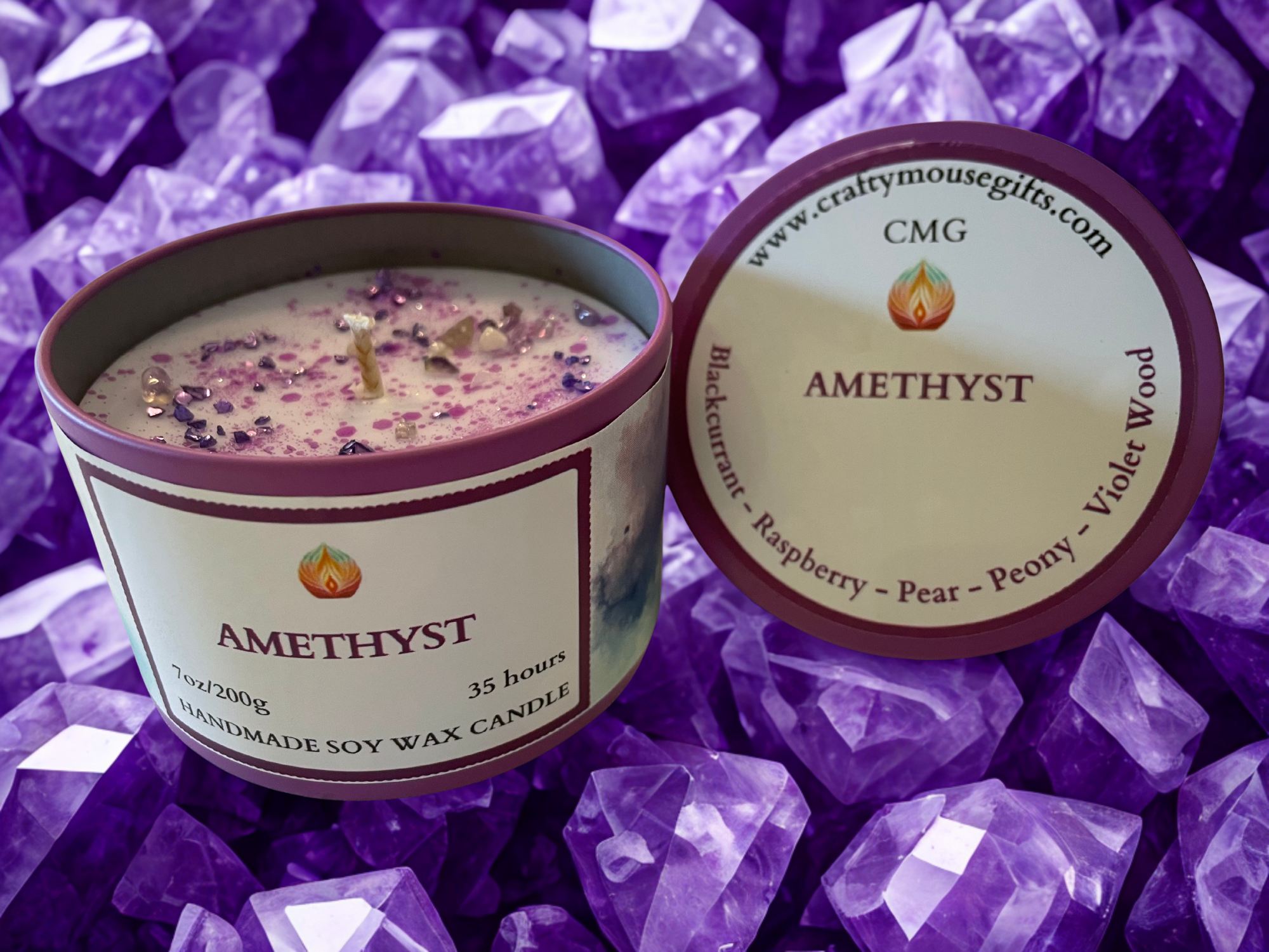 Amethyst soy wax candle handmade in Scottish Borders — crystal healing inspired