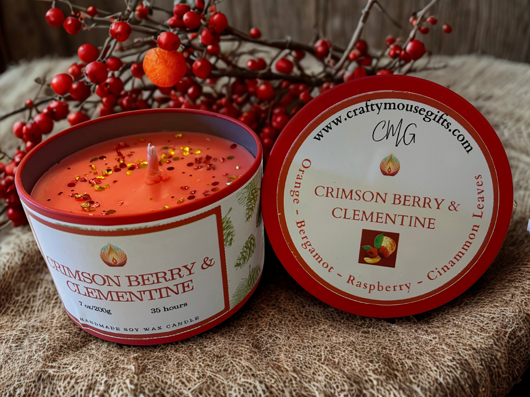 Crimson Berry and Clementine handmade soy candle Scottish Borders
