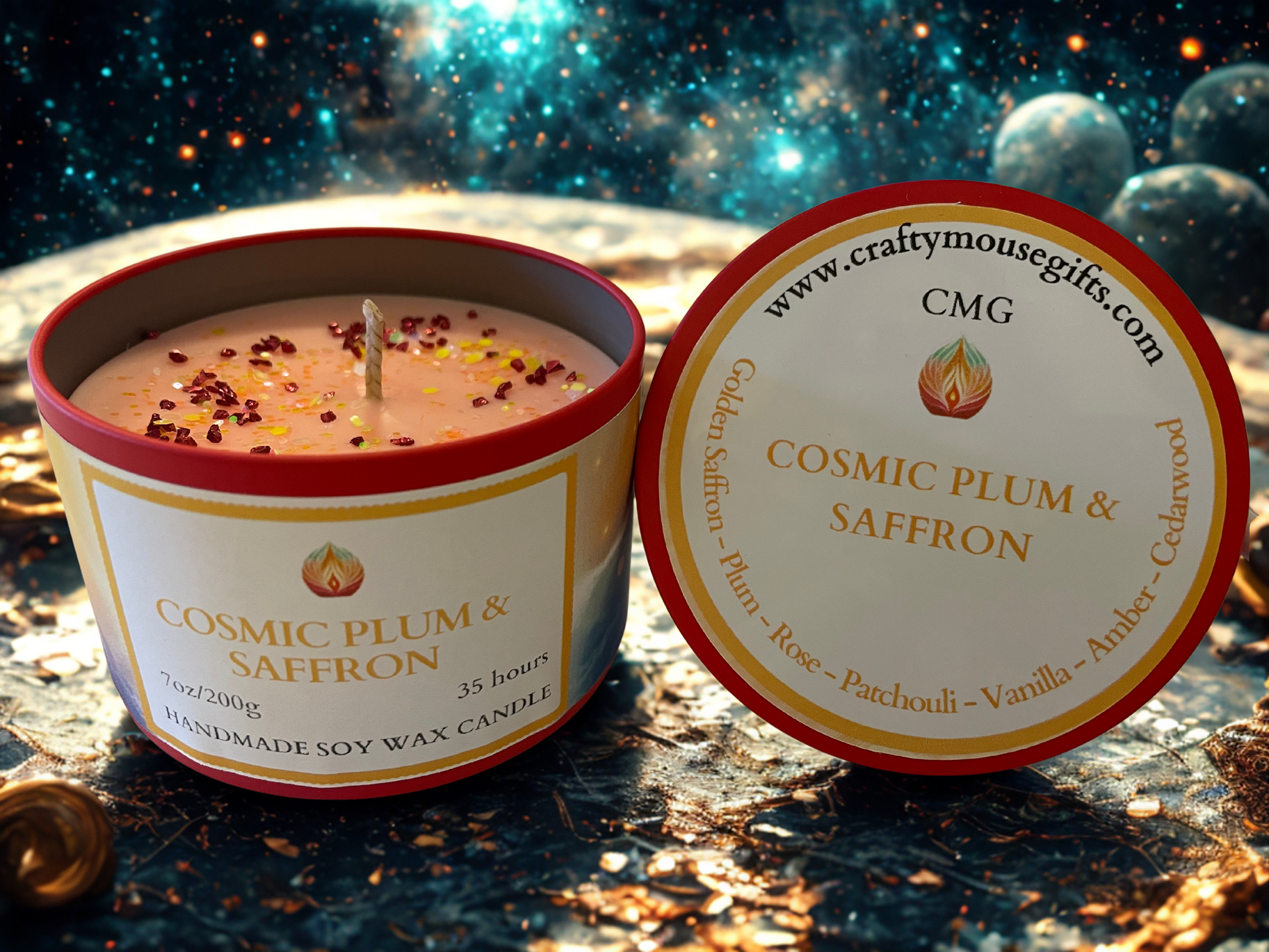 Cosmic Plum and Saffron soy wax candle handmade by Crafty Mouse Gifts