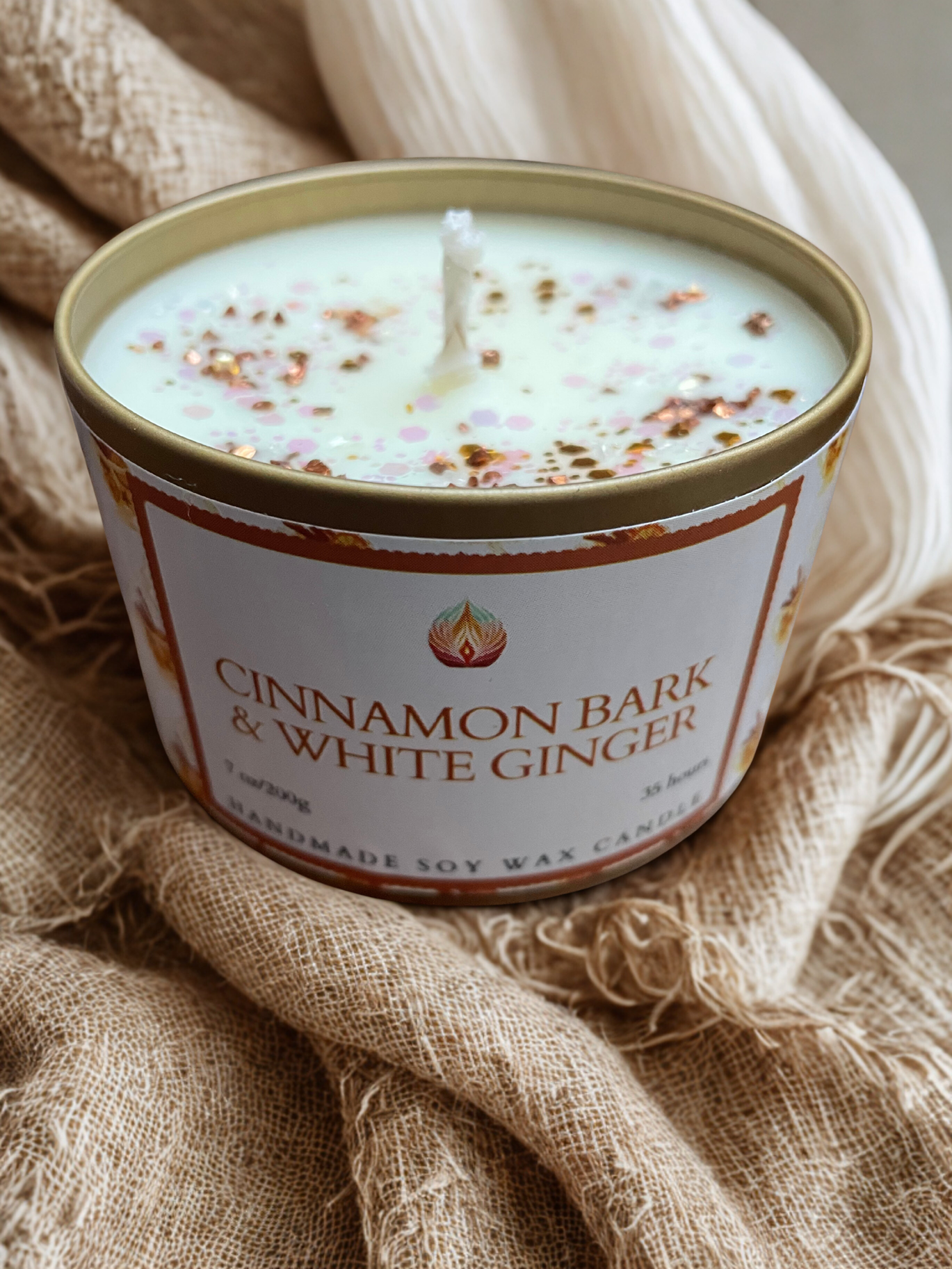 Cinnamon Bark and White Ginger handmade soy candle — warm spicy fragrance