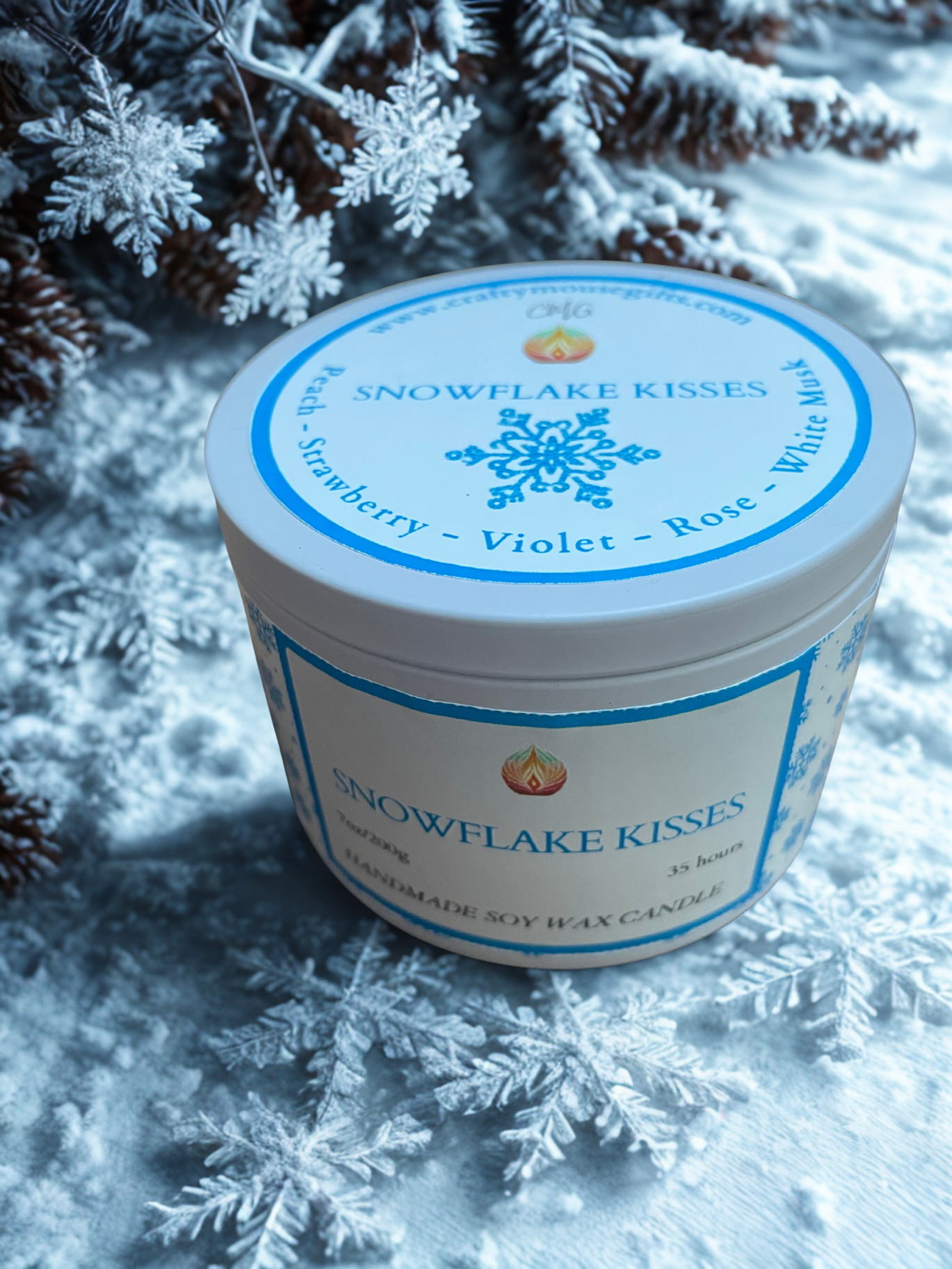 Snowflake Kisses soy wax candle — handmade festive candle Scottish Borders