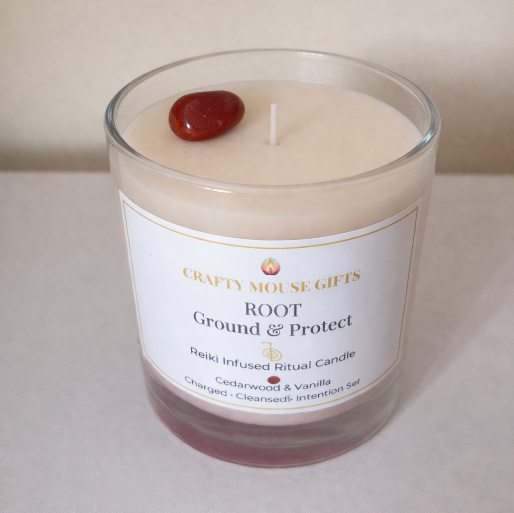 Root Chakra Reiki candle handmade Scottish Borders — grounding cedarwood fragrance